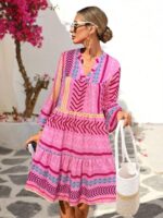 Rochie Scurta Cadya Roz cu Print Rosu - imagine 3