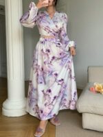 Compleu Asra Alb cu Print Mov format din Bluza si Fusta Lunga