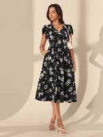 Rochie Midi Zinna Neagra cu Trandafiri Albi - imagine 3
