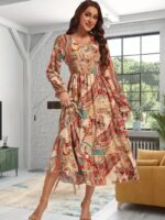 Rochie Midi Tensa Bej cu Print Multicolor