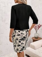 Compleu Skaya format din Sacou Negru si Rochie Scurta Crem cu Flori Negre - imagine 3