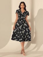 Rochie Midi Zinna Neagra cu Trandafiri Albi