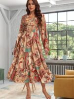 Rochie Midi Tensa Bej cu Print Multicolor - imagine 3