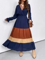 Rochie Lunga Bleumarin cu Maro si Bej