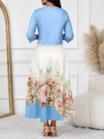 Compleu Gooffy format din Rochie Lunga Alba cu Print Floral Roz si Bolerou Bleu - imagine 2
