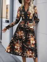 Rochie Midi Adelaid Neagra cu Print Floral Maro