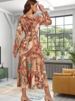 Rochie Midi Tensa Bej cu Print Multicolor - imagine 2