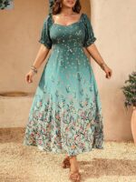 Rochie Lunga Corny Turcoaz cu Print Floral - Marimi Mari