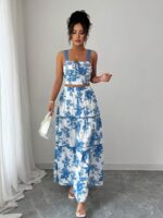Compleu cu Fusta Lunga Emiliana Alb cu Print Albastru - imagine 3