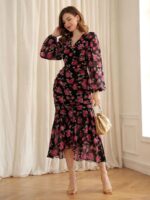 Rochie Midi Talula Neagra cu Trandafiri Rosii