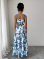 Compleu cu Fusta Lunga Emiliana Alb cu Print Albastru - imagine 2