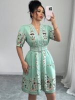 Rochie Scurta Elize Verde cu Print Floral