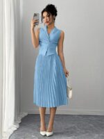 Compleu cu Fusta Midi Plisata Lorelia Bleu - imagine 3