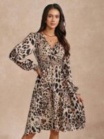Rochie Scurta Nichole Bej cu Print Leopard