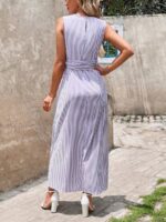 Rochie Lunga Agapya Alba cu Dungi Lila - imagine 2