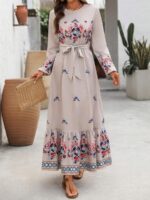 Rochie Lunga Ramona Bej cu Print Rosu