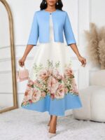 Compleu Gooffy format din Rochie Lunga Alba cu Print Floral Roz si Bolerou Bleu