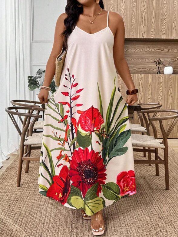 Rochie Lunga Sanela Crem cu Print Floral Rosu - Marimi Mari