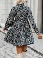 Rochie Scurta Armisa Bleumarin cu Print Floral Bej - imagine 2