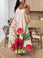 Rochie Lunga Sanela Crem cu Print Floral Rosu - Marimi Mari - imagine 3