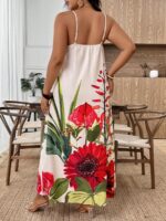 Rochie Lunga Sanela Crem cu Print Floral Rosu - Marimi Mari - imagine 2