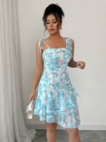 Rochie Scurta Taisa Bleu cu Print Roz