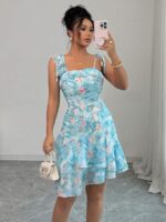 Rochie Scurta Taisa Bleu cu Print Roz - imagine 3