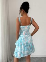 Rochie Scurta Taisa Bleu cu Print Roz - imagine 2