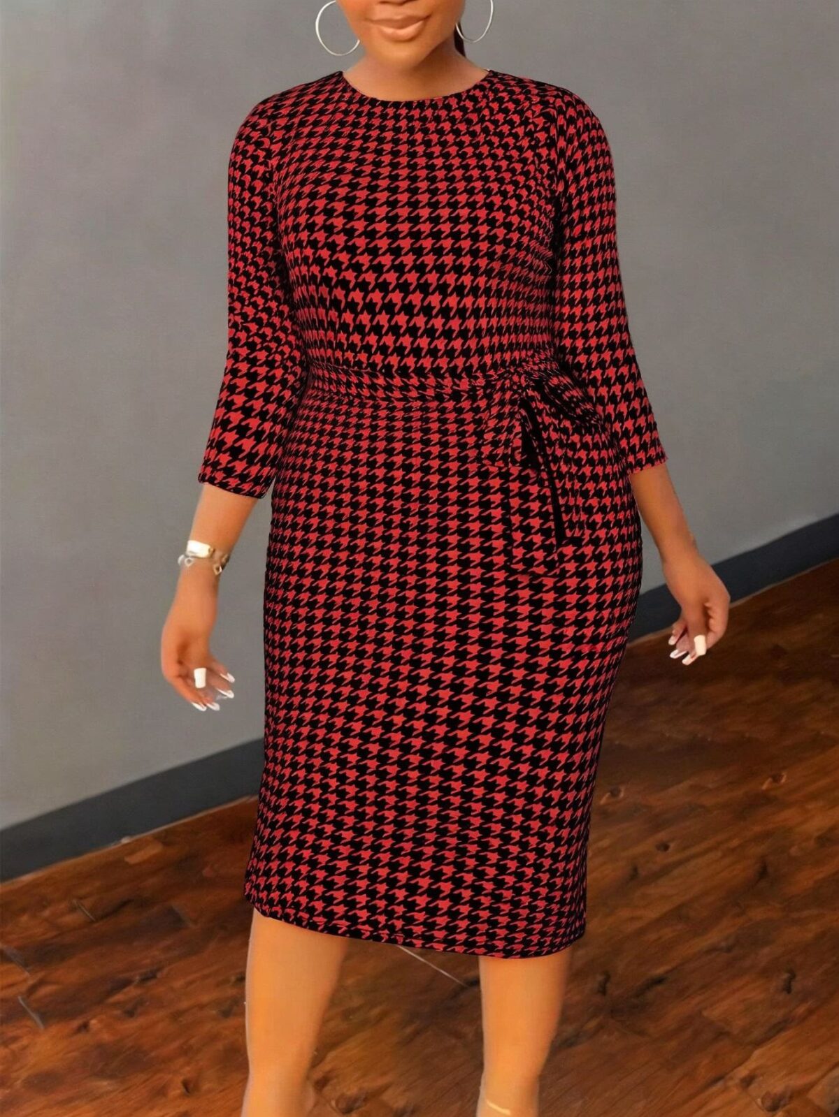 Rochie Midi Salvina Grena cu Print Negru - Marimi Mari - imagine 1