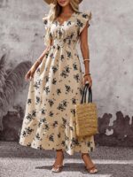 Rochie Lunga Jayne Bej cu Print Negru - imagine 3