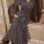 Rochie Lunga Freira Neagra cu Print Floral - imagine 3