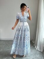 Rochie Lunga Theodora Alba cu Print Albastru