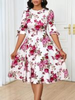 Rochie Midi Juncal Alba cu Print Floral Rosu