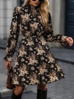 Rochie Scurta Amiza Neagra cu Print Floral Bej