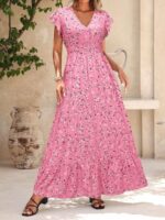 Rochie Lunga Mellisa Roz cu Print Floral Alb