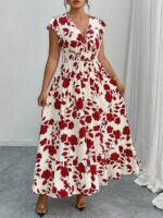 Rochie Lunga Urania Alba cu Print Rosu - Marimi Mari
