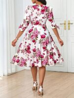 Rochie Midi Juncal Alba cu Print Floral Rosu - imagine 2