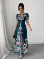 Rochie Lunga Adriana Turcoaz cu Print Multicolor