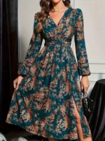 Rochie Midi Casilda Turcoaz cu Print Maro