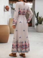 Rochie Lunga Ramona Bej cu Print Rosu - imagine 2