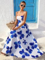Rochie Lunga Vanesa Alba cu Print Floral Albastru - imagine 3