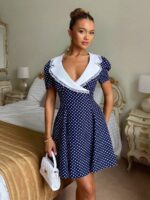 Rochie Scurta Betha Bleumarin cu Buline Albe