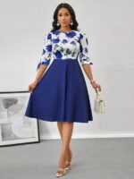 Rochie Midi Joella Albastra cu Alb si Print Floral