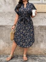 Rochie Midi Amaris Bleumarin cu Print Floral Bej - Marimi Mari