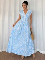 Rochie Lunga Vanessa Bleu cu Print Alb
