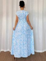 Rochie Lunga Vanessa Bleu cu Print Alb - imagine 2