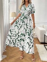 Rochie Lunga Isadora Alba cu Print Verde