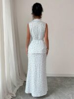 Compleu cu Fusta Lunga Greta Alb cu Print Floral Bleu - imagine 2