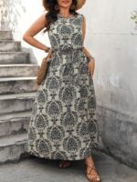 Rochie Lunga Mertha Bej cu Print Negru - Marimi Mari