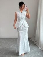 Compleu cu Fusta Lunga Greta Alb cu Print Floral Bleu